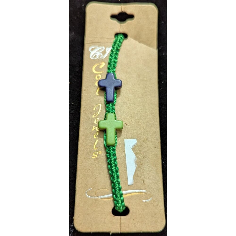New Cool Jewels Green Cord Braided Bracelet Purple & Green Stone Cross‎ Beads